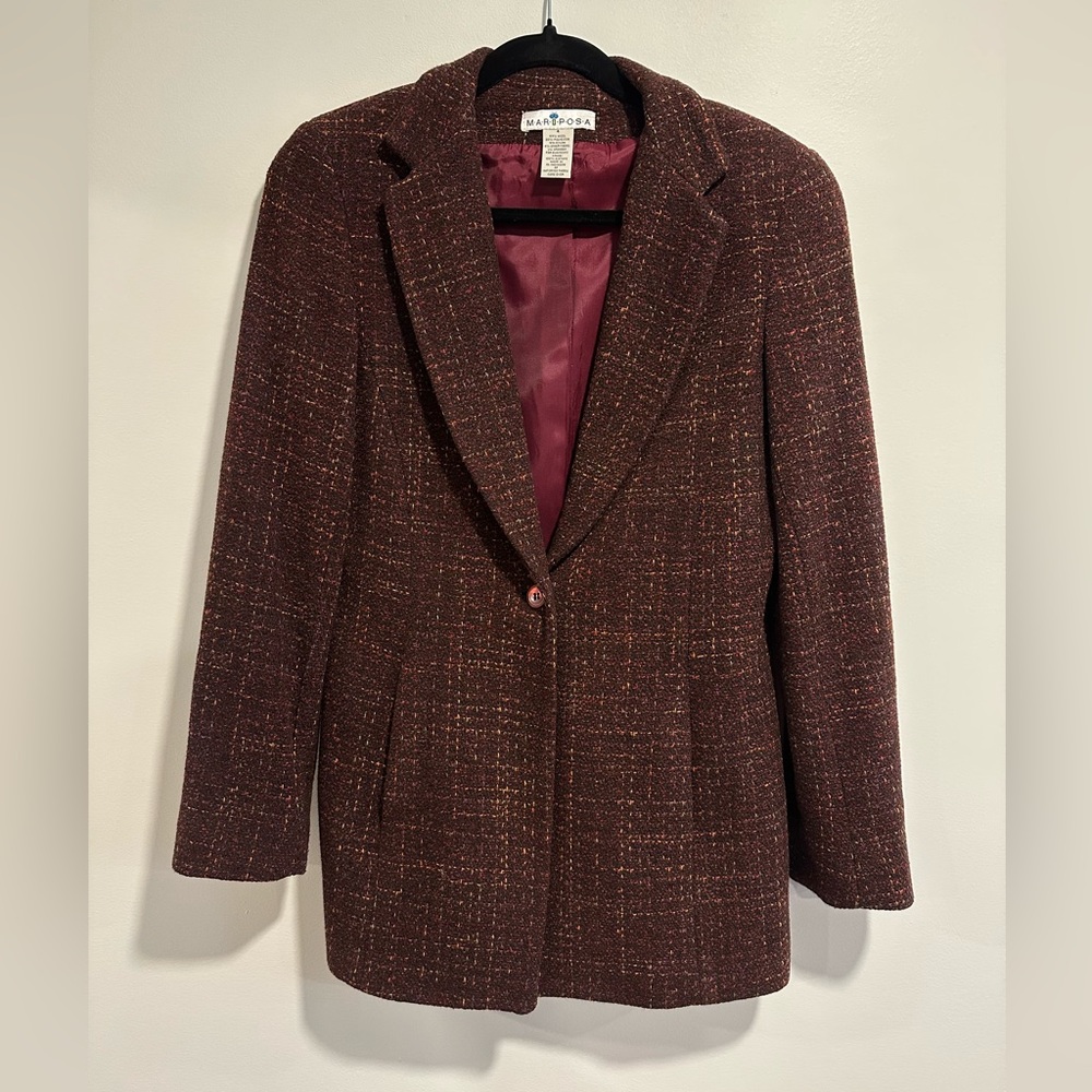 Mariposa Burgundy Tweed Blazer Jacket Collared Single Button